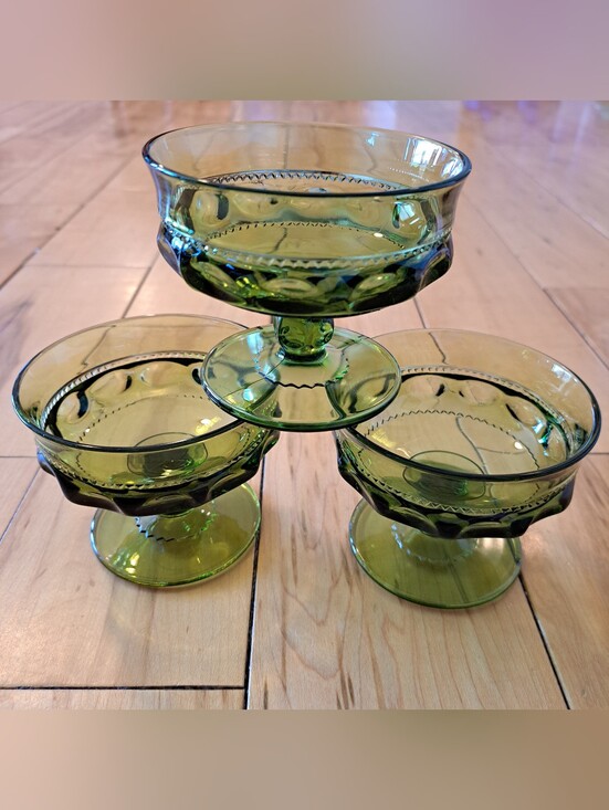 Indiana Glass Kings Other - Set of 3 INDIANA GLASS KINGS Crown Olive Green Thumbprint Sherbet Dessert Dish